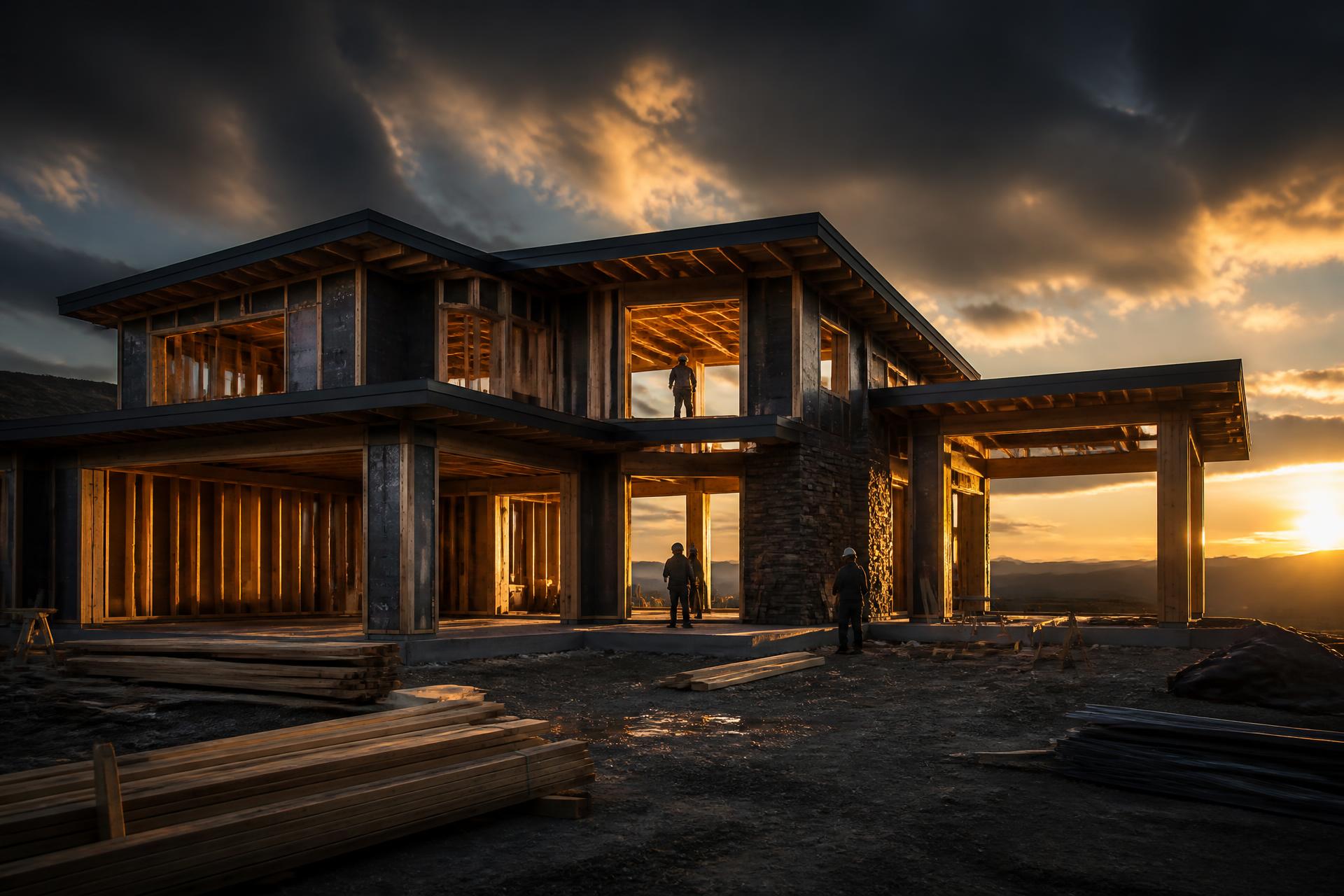 Cornerstone Construction crew framing a custom home at sunset in Central Texas